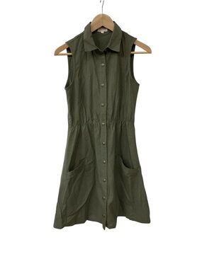 Field Day Green Olive Button Up Sleeveless Linen Rayon Dress S